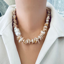 Load image into Gallery viewer, Freshwater Keshi Pearl Necklace in Peach Color, petal pearls drilled in the center, with White Large Baroque Pearl on the side. Secured with a Sterling Silver marine clasp and measures 18" Inches, approximately 46cm