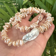 Load image into Gallery viewer, Freshwater Keshi Pearl Necklace in Peach Color, petal pearls drilled in the center, with White Large Baroque Pearl on the side. Secured with a Sterling Silver marine clasp and measures 18" Inches, approximately 46cm