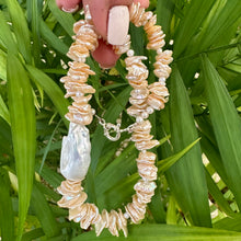 Load image into Gallery viewer, Freshwater Keshi Pearl Necklace in Peach Color, petal pearls drilled in the center, with White Large Baroque Pearl on the side. Secured with a Sterling Silver marine clasp and measures 18" Inches, approximately 46cm