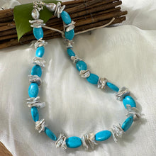 Load image into Gallery viewer, Chunky Turquoise Smooth Oval Beads Necklace with Large Silver Grey Keshi Pearls Sterling Silver Marine Clasp Turquoise & Gray Petal Pearl Statement Necklace. 19.5inches; or 22inches