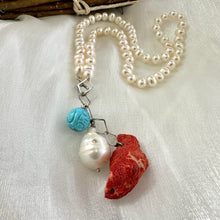 Lade das Bild in den Galerie-Viewer, Pearl Necklace with Red Coral Pendant & Turquoise Charm