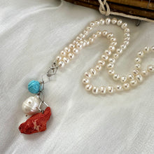 Lade das Bild in den Galerie-Viewer, Pearl Necklace with Red Coral Pendant & Turquoise Charm