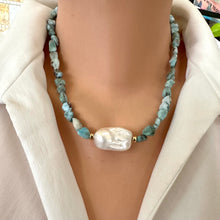 Carica l'immagine nel visualizzatore di Gallery, Fall in love with the soothing blues of Larimar and the timeless elegance of baroque pearls! This necklace features dreamy, ocean-inspired Larimar gemstones nuggets, perfectly complemented by the organic beauty of a stunning baroque pearl, 18 inches