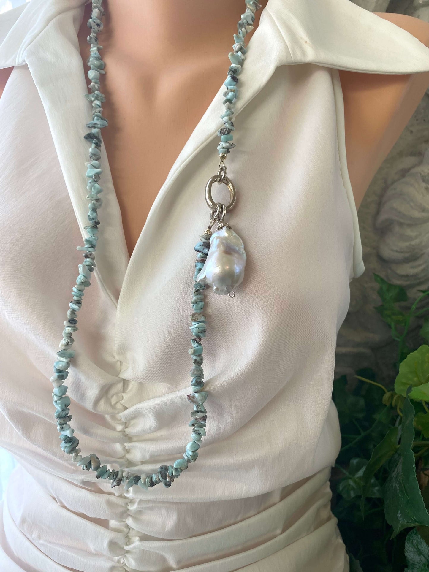 Larimar necklace with pearl pendant worn long, versatile styling with removable baroque pearl pendant