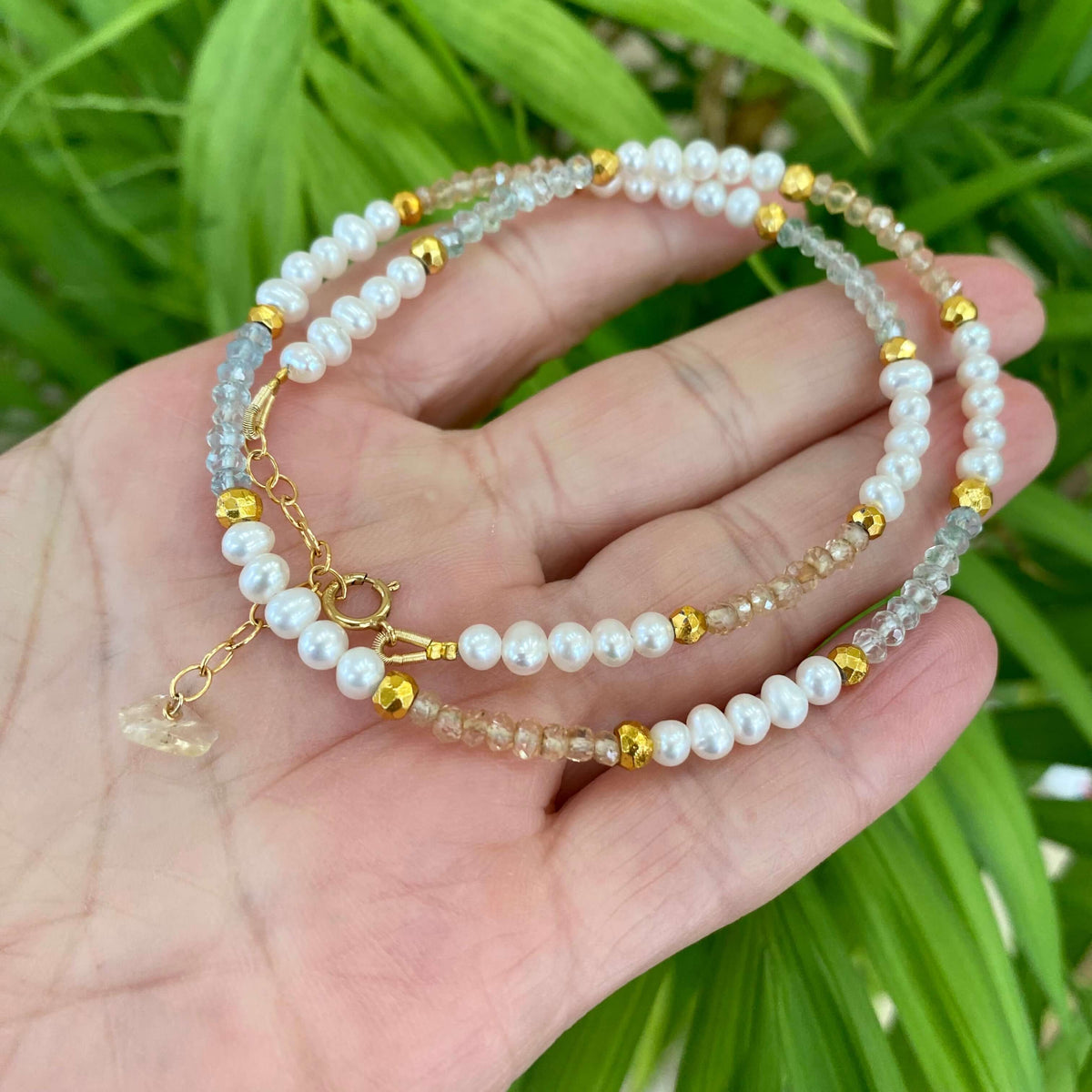 Pearl Choker Necklace, Citrine & Aquamarine
