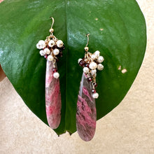 Load image into Gallery viewer, Pink Rhodonite Teardrop Earrings, Garnet & Pearl Cluster, 14K GF
