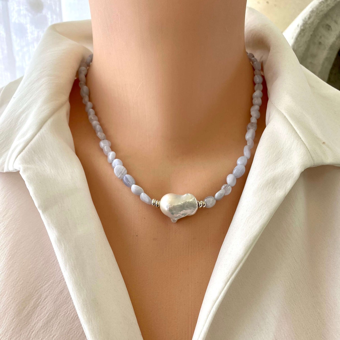 Blue lace agate pearl necklace minimalist design with blue lace agate and pearl