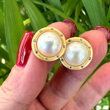 Load image into Gallery viewer, White Edison Mabe Pearl stud earrings with CZ accents in gold vermeil-plated silver, ideal for bridal jewelry and special occasions.