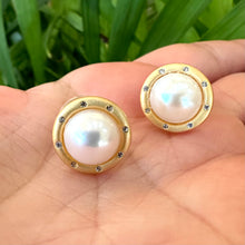 Load image into Gallery viewer, White Edison Mabe Pearl stud earrings with CZ accents in gold vermeil-plated silver, ideal for bridal jewelry and special occasions.