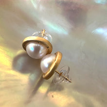 Load image into Gallery viewer, White Edison Mabe Pearl stud earrings with CZ accents in gold vermeil-plated silver, ideal for bridal jewelry and special occasions.