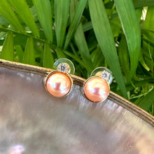 Load image into Gallery viewer, Golden Edison Mabe Pearl stud earrings with 10-11mm pearls, CZ accents, and gold vermeil-plated silver settings, perfect for minimalist and elegant style.