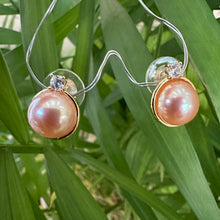 Load image into Gallery viewer, Golden Edison Mabe Pearl stud earrings with 10-11mm pearls, CZ accents, and gold vermeil-plated silver settings, perfect for minimalist and elegant style.