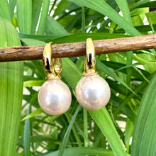 Load image into Gallery viewer, Light golden pink Edison pearl drop earrings with 13mm pearls on gold vermeil-plated silver huggie hoops, perfect for a June birthday or elegant gift.