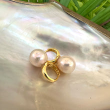 Load image into Gallery viewer, Light golden pink Edison pearl drop earrings with 13mm pearls on gold vermeil-plated silver huggie hoops, perfect for a June birthday or elegant gift.