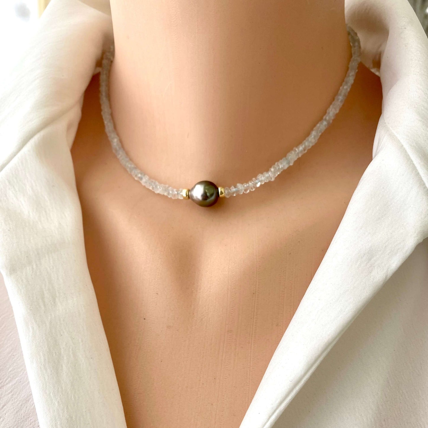 Aquamarine Tahitian Baroque Pearl Necklace | Choker Design showcasing light-blue Aquamarine and a Tahitian Baroque pearl.