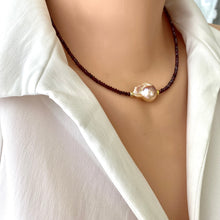 Load image into Gallery viewer, Red Garnet & Golden Pink Baroque Pearl Necklace, Gold