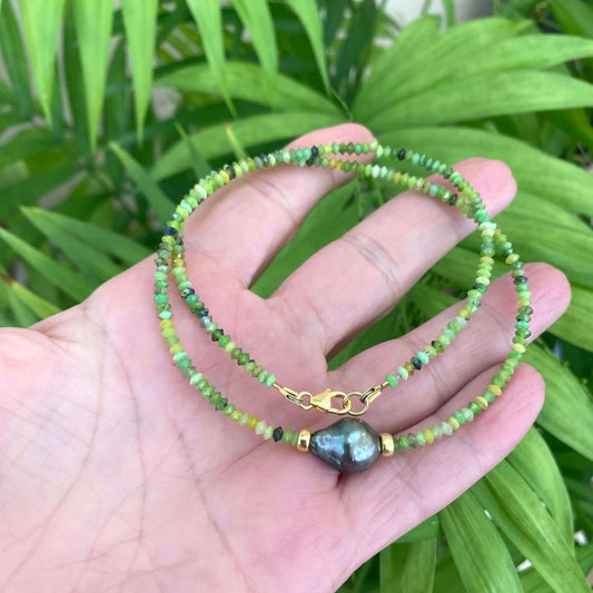 Green chrysoprase baroque pearl necklace featuring vibrant Chrysoprase and Tahitian pearl.