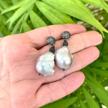 Load image into Gallery viewer, Freshwater Baroque Pearl Drop Earrings with Diamonds Pave Studs, Oxidized Silver