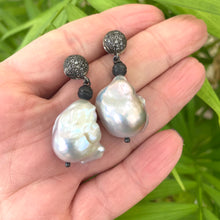 Load image into Gallery viewer, Freshwater Baroque Pearl Drop Earrings with Diamonds Pave Studs, Oxidized Silver