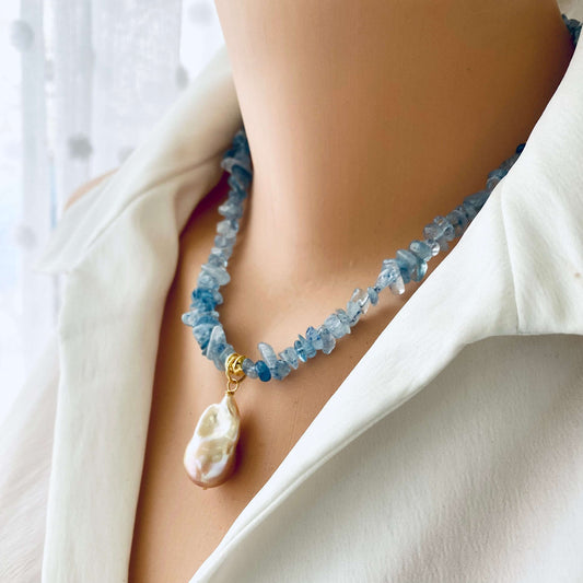 Aquamarine baroque pearl necklace featuring a golden pink pearl pendant and serene Aquamarine beads.
