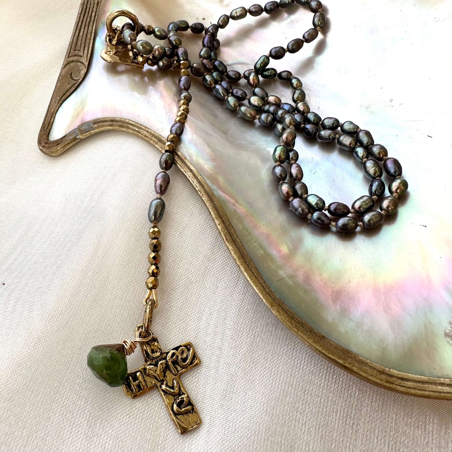 Collier long en perles Y, collier croix Hope & Love, breloque prasiolite, bijoux religieux