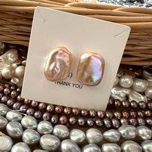 Load image into Gallery viewer, Golden pink rectangle baroque pearl stud earrings packaged with gemstones, luxury handcrafted jewelry designed in Canada.