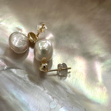 Load image into Gallery viewer, Gold vermeil nugget pearl stud earrings with separated studs on pearl shell backdrop