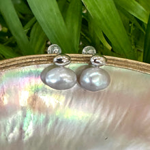 Cargar imagen en el visor de la galería, Silver grey nugget pearl stud earrings hanging from pearl shell with green leaf backdrop, handcrafted in Canada.