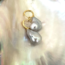 Load image into Gallery viewer, Grey Baroque Pearl Dangle Earrings, Cz Pave Gold Vermeil Plated Sterling Silver Hoops, Large Gray Freshwater Pearl Drop Earrings Pearls are 24mm long -drops 45mm approx