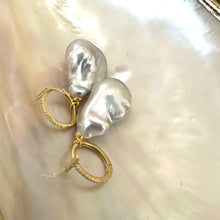 Load image into Gallery viewer, Grey Baroque Pearl Dangle Earrings, Cz Pave Gold Vermeil Plated Sterling Silver Hoops, Large Gray Freshwater Pearl Drop Earrings Pearls are 24mm long -drops 45mm approx