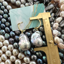 Load image into Gallery viewer, Grey Baroque Pearl Dangle Earrings, Cz Pave Gold Vermeil Plated Sterling Silver Hoops, Large Gray Freshwater Pearl Drop Earrings Pearls are 24mm long -drops 45mm approx