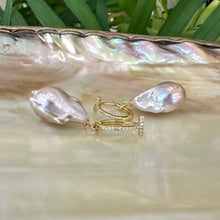 Load image into Gallery viewer, Pink baroque pearl hoop earrings detailed view on pearl shell, handcrafted freshwater jewelry from Canada.