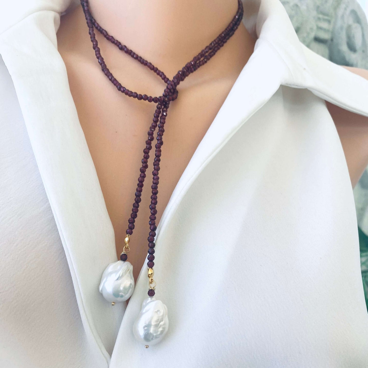 Red Garnet Lariat Necklace on model, long lightweight lariat style with baroque pearls