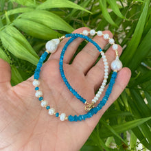 Load image into Gallery viewer, Asymmetric Blue Apatite & Baroque Pearls Necklace, 14K GF