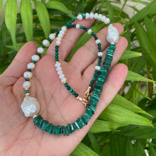 Load image into Gallery viewer, Asymmetric Malachite & Baroque Pearls Necklace, 14K GF