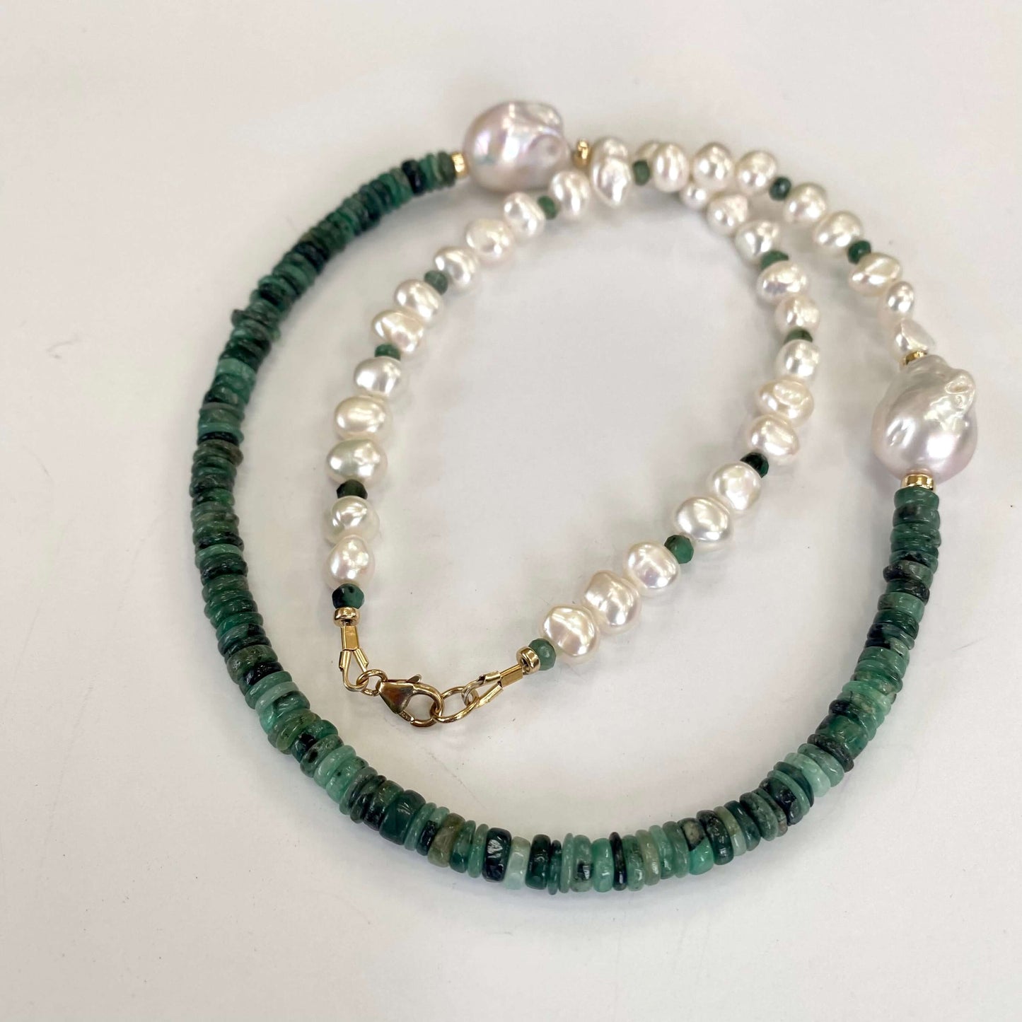 Emerald Baroque Pearl Necklace | Asymmetric 14K Gold Filled featuring emerald disk beads and freshwater pearls.