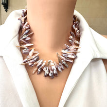 Load image into Gallery viewer, Front view of Biwa Pearl Necklace featuring purplish long stick freshwater pearls on mannequin.