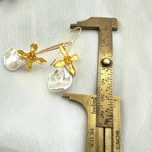 Load image into Gallery viewer, Keshi Pearl Earring showing full 50 mm drop length measured against ruler on white background for scale.