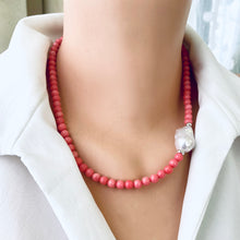 Carica l'immagine nel visualizzatore di Gallery, Pink coral and one large baroque pearl on the side of the necklace with sterling silver details, measuring 18.5 inches. This vibrant summer jewelry piece is perfect for beach outings and makes a thoughtful gift for her.