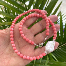 Carica l'immagine nel visualizzatore di Gallery, Pink coral and one large baroque pearl on the side of the necklace with sterling silver details, measuring 18.5 inches. This vibrant summer jewelry piece is perfect for beach outings and makes a thoughtful gift for her.