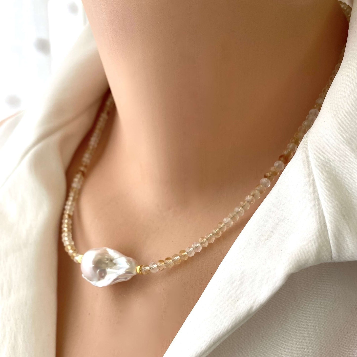 Citrine & White Baroque Pearl Necklace