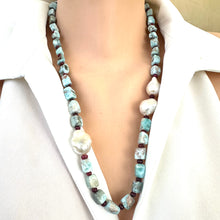 Load image into Gallery viewer, Detailed front view of larimar ruby and baroque pearl necklace showing blue and red gemstones