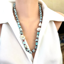 Load image into Gallery viewer, Front close-up of larimar ruby and baroque pearl necklace on mannequin display