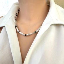 Load image into Gallery viewer, Biwa Stick White Pearls & Ethiopian Black Opal Necklace