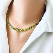 Load image into Gallery viewer, Faceted Peridot Beads Choker Necklace, beads are oval shaped and slightly graduated, light Olive Green Peridot Jewelry, Gold Filled closure and details, 17"inches long, August Birthstone, best Birthday Gift For Her, Minimalist Jewelry