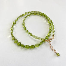Load image into Gallery viewer, Faceted Peridot Beads Choker Necklace, beads are oval shaped and slightly graduated, light Olive Green Peridot Jewelry, Gold Filled closure and details, 17"inches long, August Birthstone, best Birthday Gift For Her, Minimalist Jewelry