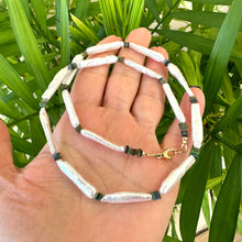 Load image into Gallery viewer, Biwa Stick White Pearls & Ethiopian Black Opal Necklace