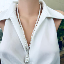 Load image into Gallery viewer, Front view of white pearl necklace with baroque pendant, classic handmade design