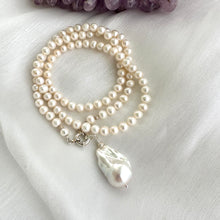 Load image into Gallery viewer, Detailed shot of handmade white pearl necklace pearls and silver clasp
