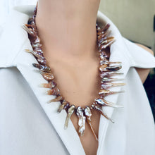 Load image into Gallery viewer, Pink Biwa pearl necklace displayed on mannequin neck, elegant handmade style
